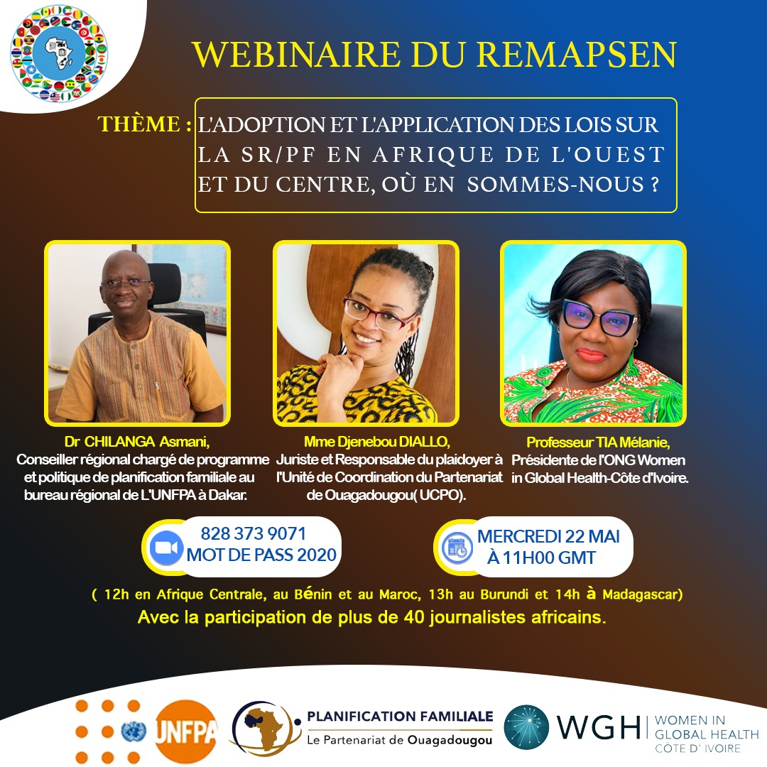 Partenariat de Ouaga (@pouagapf) on Twitter photo Vous êtes invités au webinaire sur l'adoption et l'application des lois en matière de santé reproductive et de planification familiale en Afrique de l'Ouest et du Centre, organisé par le Réseau des médias africains pour la promotion de la santé et de l'environnement.
Rejoignez Vous êtes invités au webinaire sur l'adoption et l'application des lois en matière de santé reproductive et de planification familiale en Afrique de l'Ouest et du Centre, organisé par le Réseau des médias africains pour la promotion de la santé et de l'environnement.
Rejoignez