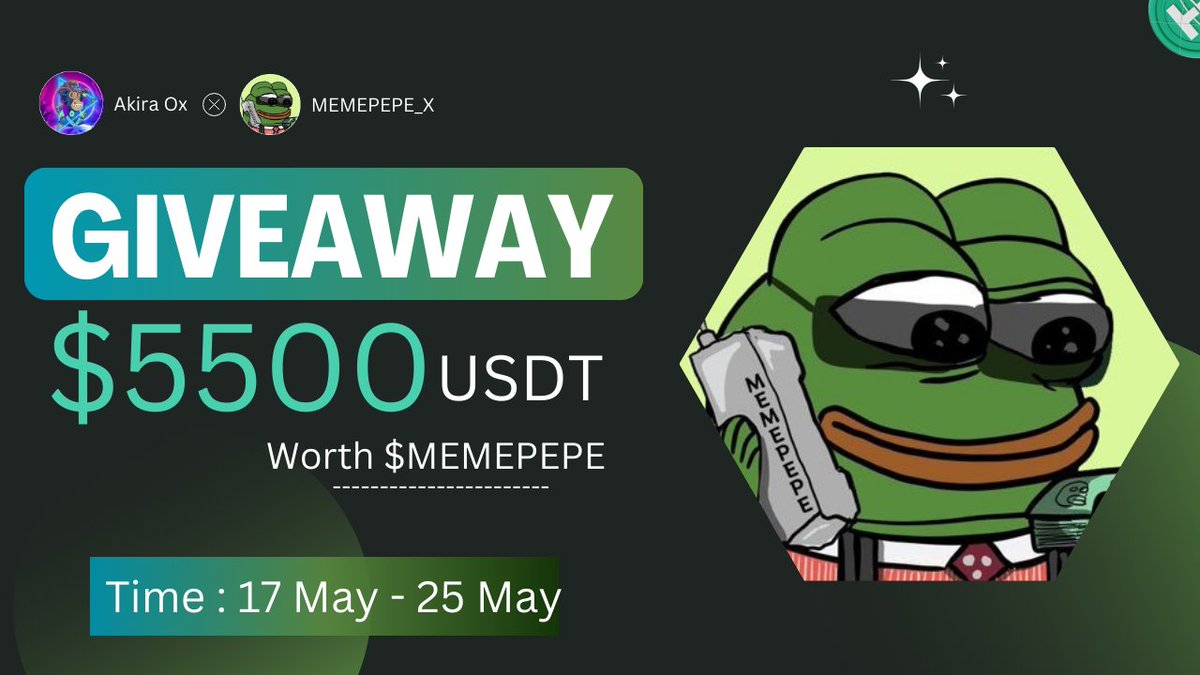 😍MEMEPEPE x Akira Ox#Giveaway🥳

🏆Prize Pool ---- 5500$ Worth of $MEMEPEPE For 500 Winners 🥳

To Enter👇
✅Follow <a href="/MEMEPEPE_X/">MEMEPEPE</a> &amp; <a href="/Akira_OX004/">Akira OX 🟡</a>
✅Like❤️,RT &amp; Tag 3 Friend
✅Join t.me/pepememex
✅Comment Your Metamask Address

⏳ Ending Time: 25th May

#Airdrops #Giveaway