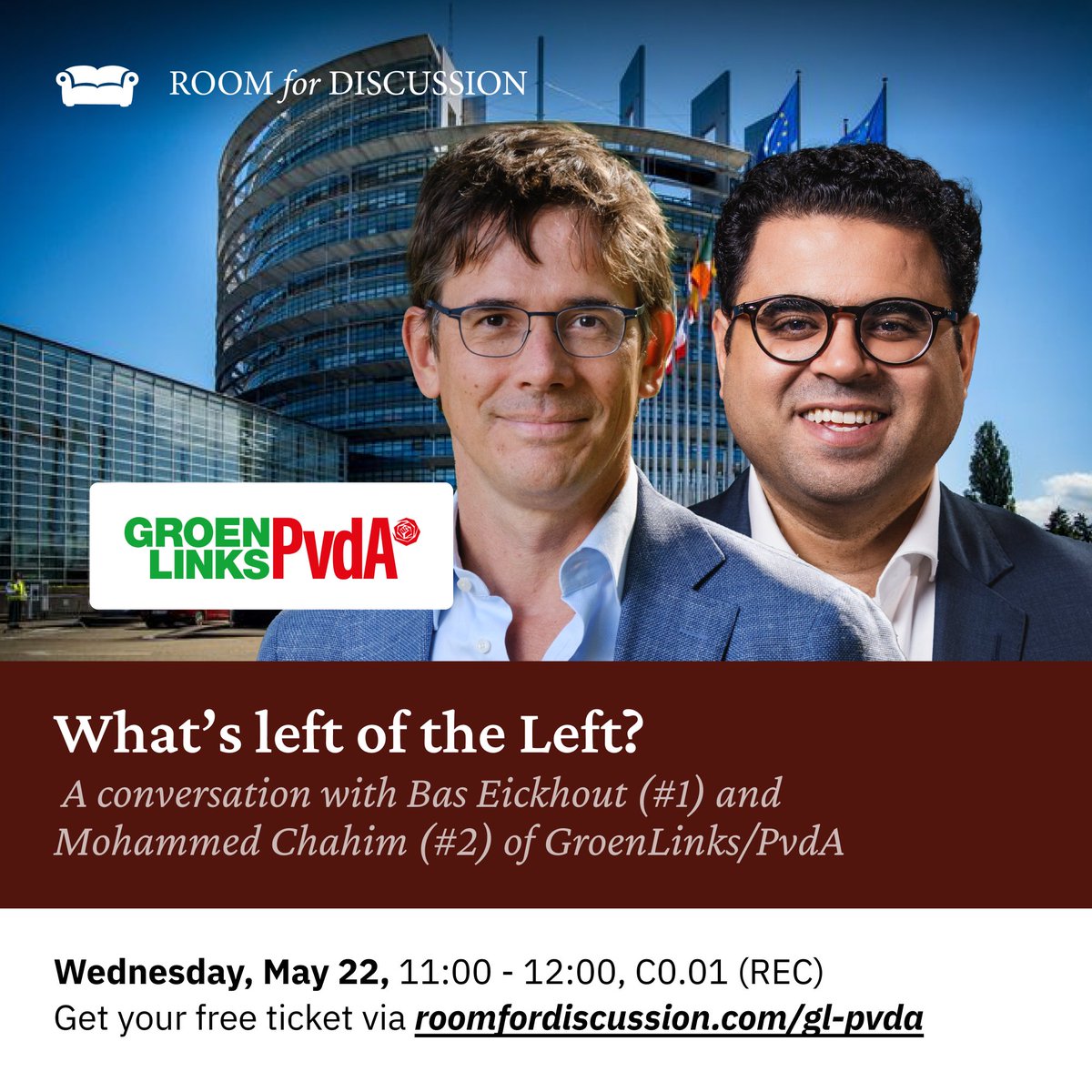 Room for Discussion (@room4discussion) on Twitter photo This Wednesday, <a href="/BasEickhout/">Bas Eickhout</a> & <a href="/MChahim/">Mohammed Chahim</a> will be joining us from 11 to 12. We will be discussing the future of the Left, and the Future of GroenLinks/PvdA within Europe. You can get your free ticket at roomfordiscussion.com/gl-pvda
<a href="/UvA_Amsterdam/">UvA Amsterdam</a> <a href="/UvA_EB/">UvA_EB</a> <a href="/GroenLinks020/">GroenLinks Amsterdam</a> <a href="/pvda_amsterdam/">PvdA Amsterdam</a> This Wednesday, <a href="/BasEickhout/">Bas Eickhout</a> & <a href="/MChahim/">Mohammed Chahim</a> will be joining us from 11 to 12. We will be discussing the future of the Left, and the Future of GroenLinks/PvdA within Europe. You can get your free ticket at roomfordiscussion.com/gl-pvda
<a href="/UvA_Amsterdam/">UvA Amsterdam</a> <a href="/UvA_EB/">UvA_EB</a> <a href="/GroenLinks020/">GroenLinks Amsterdam</a> <a href="/pvda_amsterdam/">PvdA Amsterdam</a>