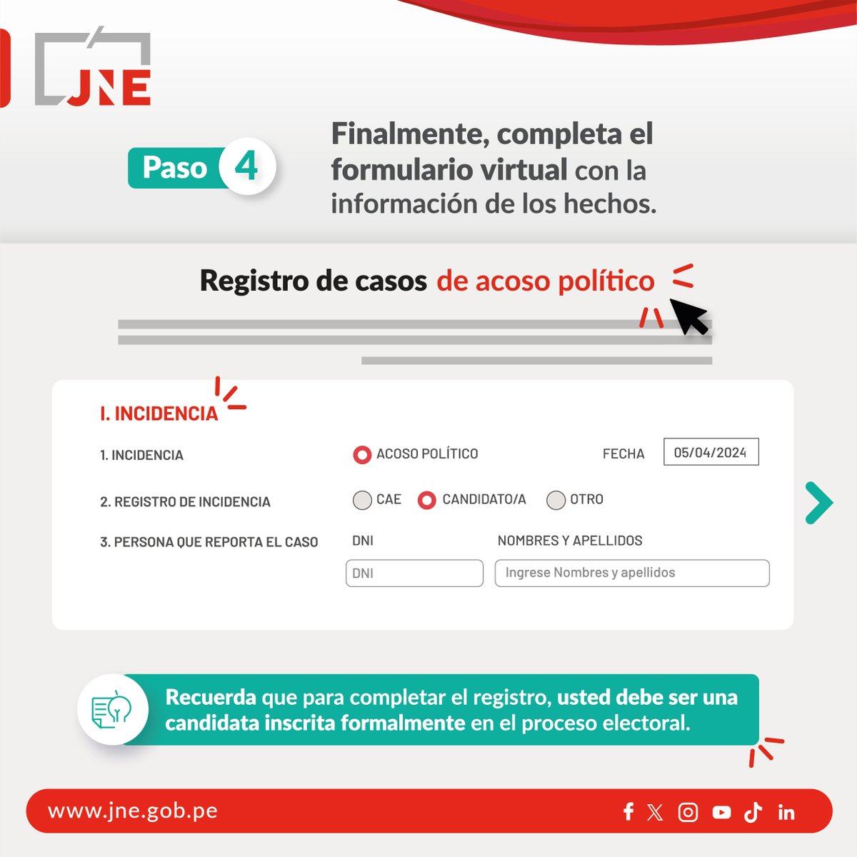 Si eres candidata y sufres de acoso político registra tu caso en la plataforma del JNE  📷observaigualdad.jne.gob.pe
A continuación te explicamos cómo 📷