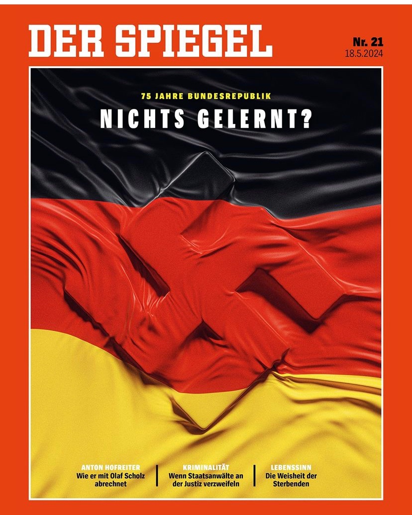 “Nothing learned?” Very striking Spiegel cover on the Federal Republic of Germany’s 75th anniversary