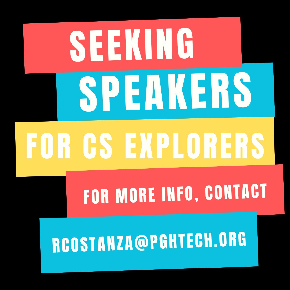 CS Explorers is starting up again soon! We are seeking industry professionals to talk to and engage students in grades 5-8 about their career pathway and opportunities in the region. Anyone interested can contact Rafalene Costanza at rcostanza@pghtech.org. @STEMCodingLab