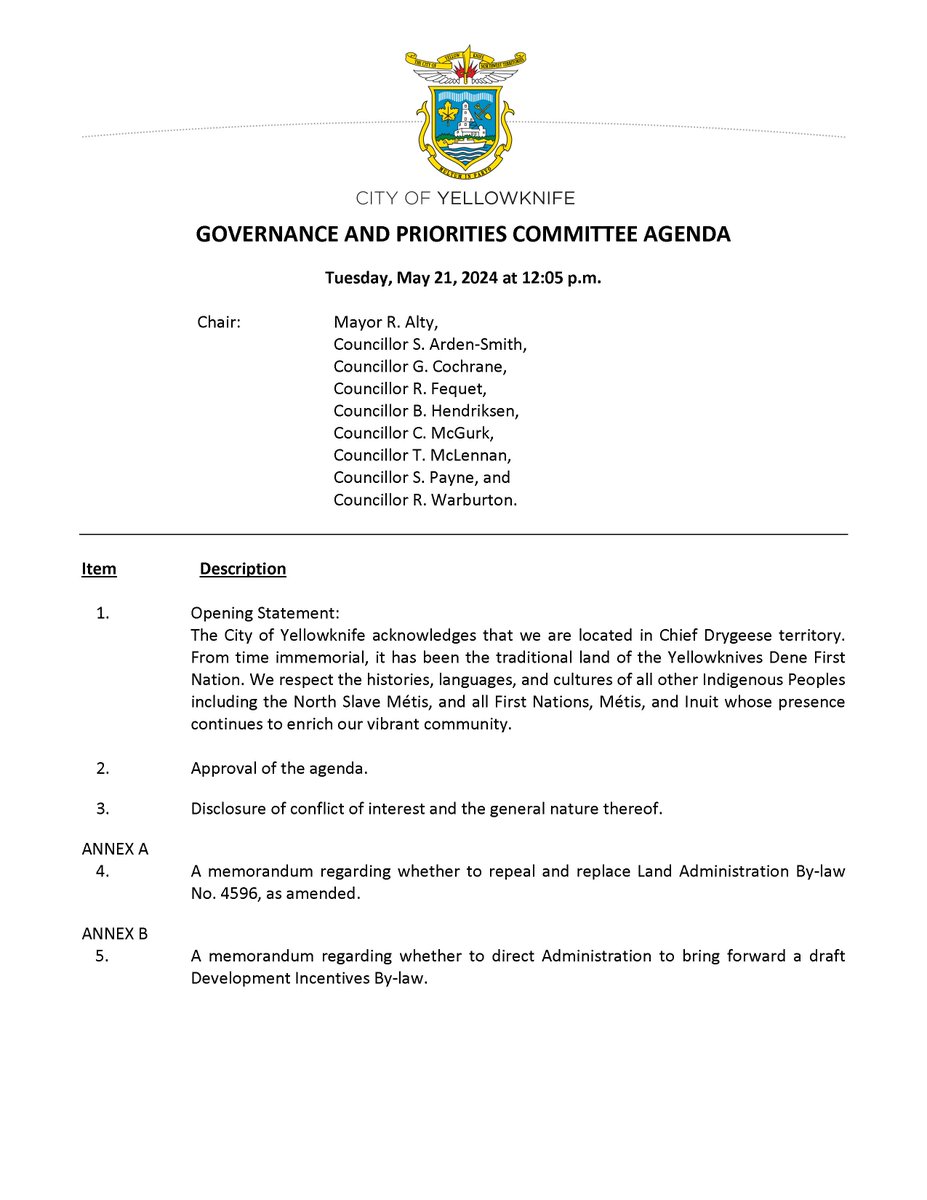 The agenda for Monday's Governance and Priorities Committee meeting is now available online. events.yellowknife.ca/meetings/Detai…
