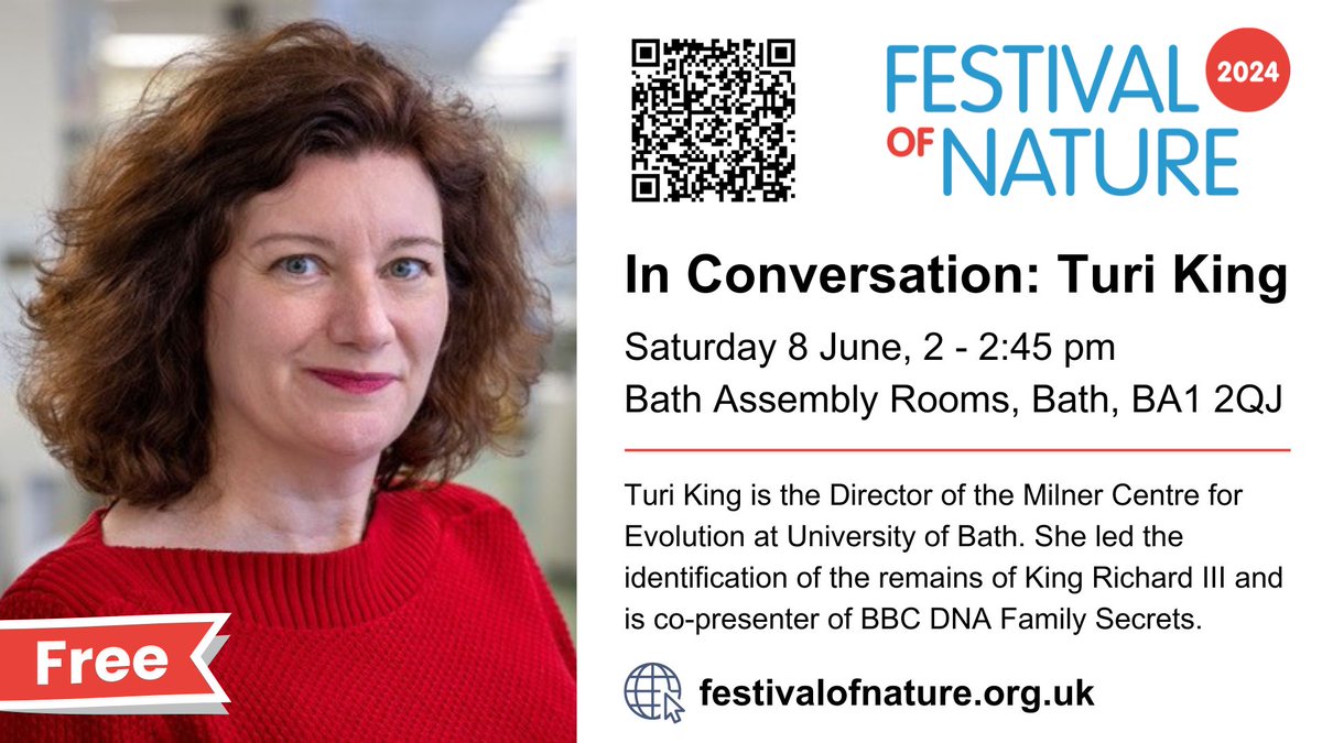 Join Professor Turi King (@Turi__King), Director of the Milner Centre for Evolution (@MilnerCentre), at the Festival of Nature (@FestofNature) on June 8, the UK's largest free celebration of the natural world.

Book your space below. 👇 #FestofNature
eventbrite.co.uk/e/in-conversat…