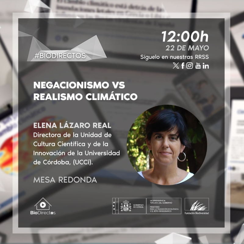 FBiodiversidad's tweet photo. 📢 Mañana a las 12:00h sigue #online el #Biodirectos “Negacionismo vs realismo climático”

👋Inaugura: VP @Teresaribera, @mitecogob 

🎙️Modera: @tinamonge 

🗣️Intervienen:
@RobertoBarbeito, @urjc
@AstridW_CSIC, @CSIC
@LazaroElena, @Univcordoba
María Eugenia González, @SaludISCIII