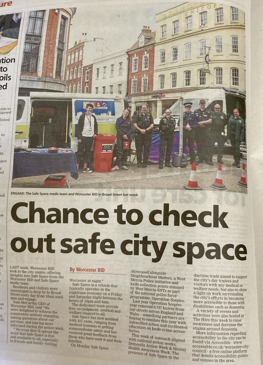 Our latest article in Worcester News covered The Safe Space Action Week! Did you pop down to see @safespaceworc? Read all about it on our website: worcesterbid.com/2024/05/16/saf… #worcestershirehour