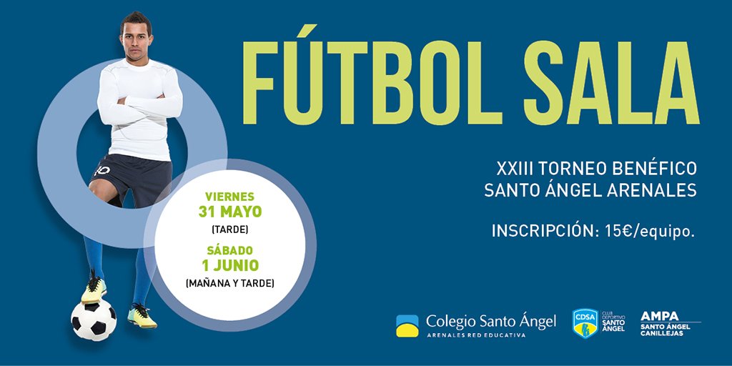 ¡Ya está aquí el Torneo Benéfico de Fútbol Sala del Colegio Santo Ángel! Abiertas las inscripciones para la XXIII edición del torneo, que se celebrará los días 31 de mayo y 1 de junio. ¡Os esperamos! @redarenales #IAMArenales #IAMSANTOANGEL #sanblas #canillejas #torneosolidario