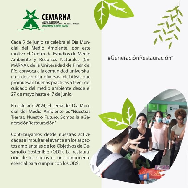 El Centro de Estudios de Medio Ambiente y Recursos Narurales (CEMARNA), de la 'Universidad de #PinardelRío convoca a la comunidad universitaria a participar en el concurso 'Mi acción por el cuidado del #medioambiente a favor de los ODS. Plazo de admisión hasta el 29 de mayo 2024.