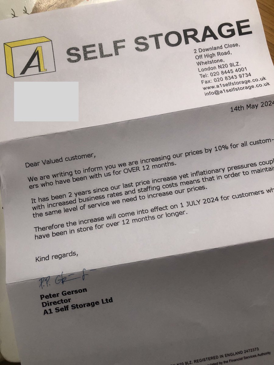 😱 This company A1 Self Storage Whetstone charging customers 4 #loyalty?#A1SelfStorage “increasing prices by 10% 4 all customers who’ve been with us 4 over 12 mths” #Cheers! Think it’s time to vote with my feet. Surely this is yr Gerald Ratner moment Peter Gerson? #A1SelfStorage
