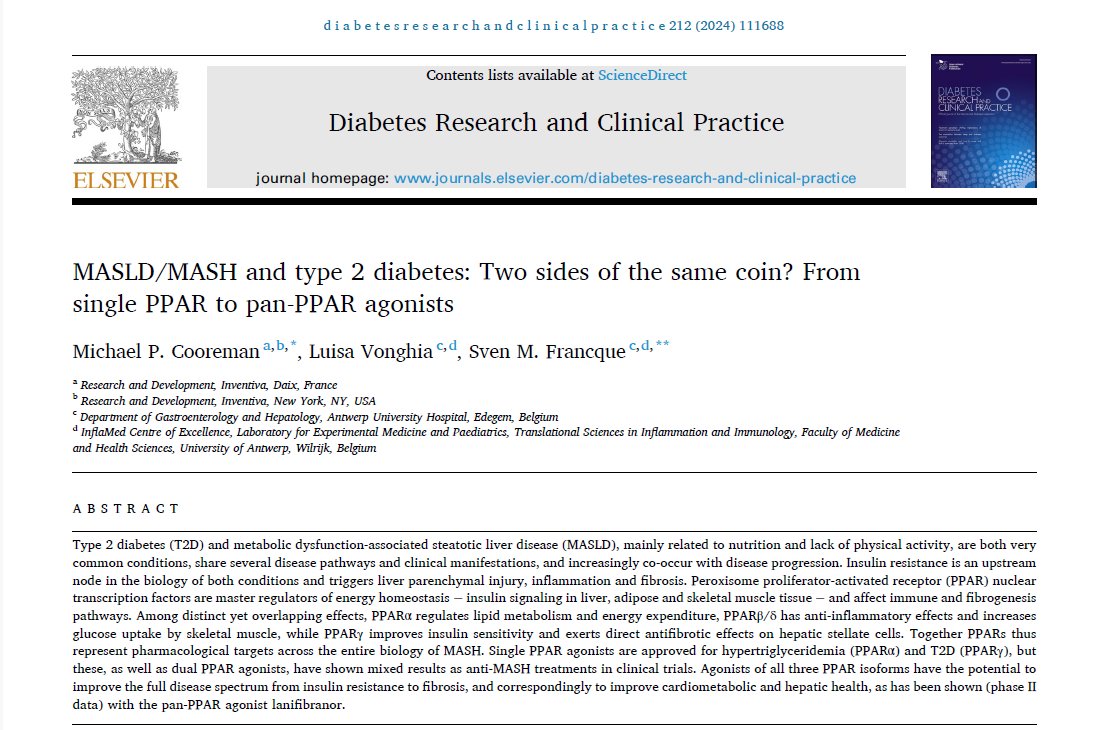 New publication in Diabetes Research and Clinical Practice provides a better understanding of the correlation between #MASLD and #T2D and a comprehensive review of the distinct role and effect of selective, dual and pan- PPARs, including lanifibranor. sciencedirect.com/science/articl…