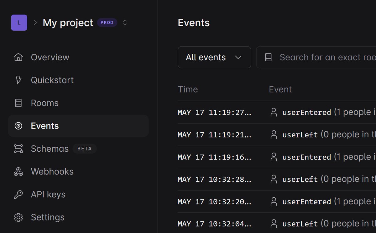 You can now view room events in your @liveblocks dashboard. This is great for learning more about your users—for example when they connect, and where they are. liveblocks.io/dashboard → Select your project → Events