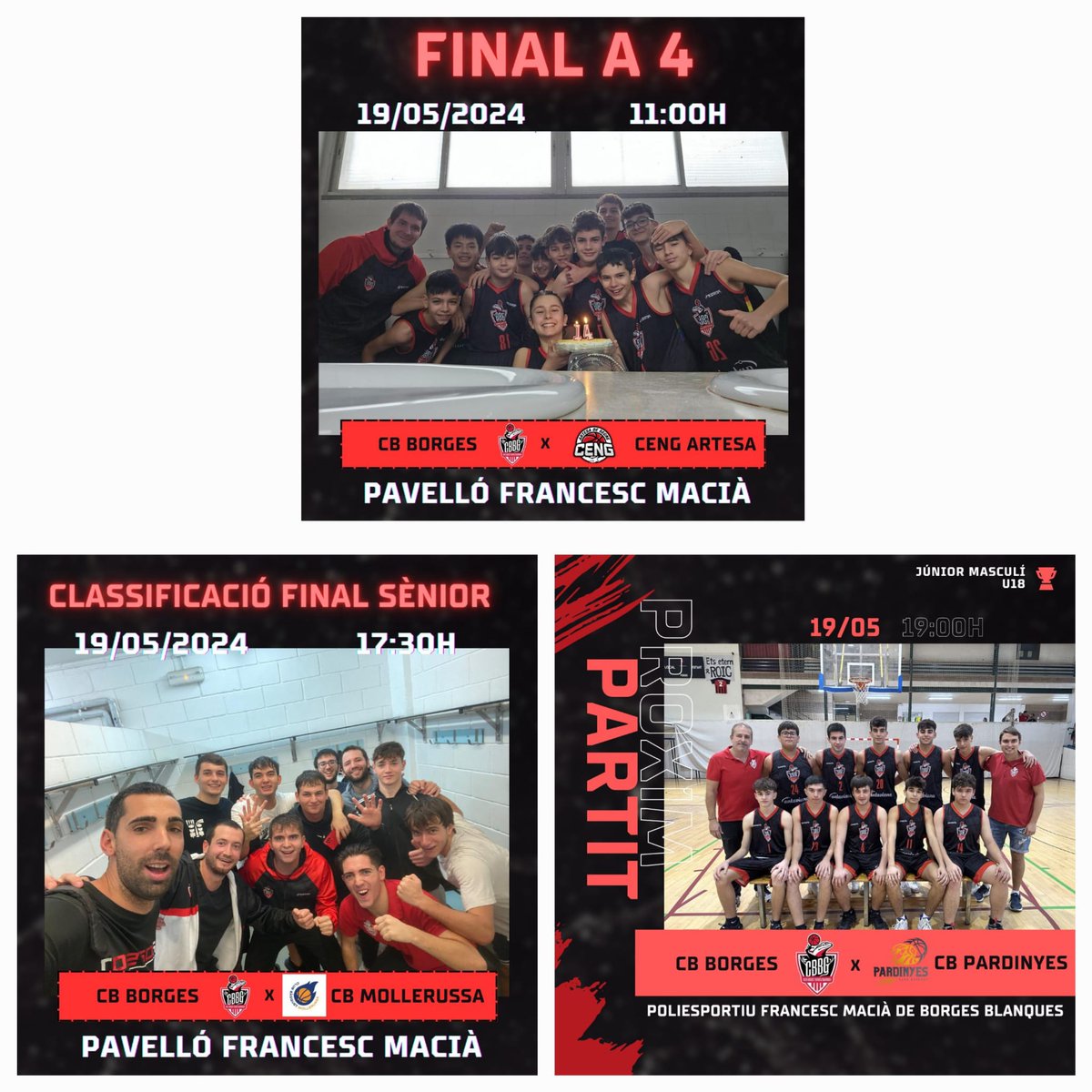 Partits del cap de setmana! Som-hi que això s'acaba...

Destacar l'infantil masculí que juga la final de la seva f4 a Les Borges contra el <a href="/CENGArtesaSegre/">CENG Artesa de Segre</a>.

#cbborgesgarrigues #lesborgesblanques #garrigues