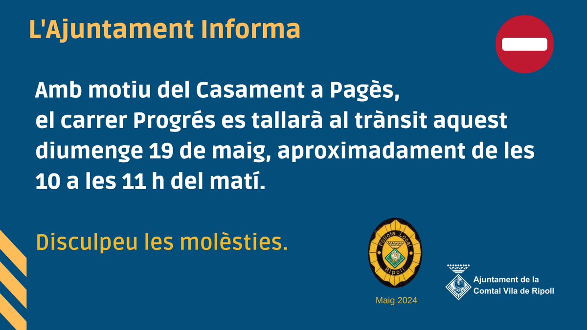 ⛔️ Atenció: tall del carrer Progrés de #Ripoll en ambdós sentits aquest diumenge, 19 de maig, aproximadament de les 10 a les 11 h del matí. El motiu és el pas de la comitiva del Casament a Pagès. Disculpeu les molèsties. @PLRipoll @ProtCivilRipoll