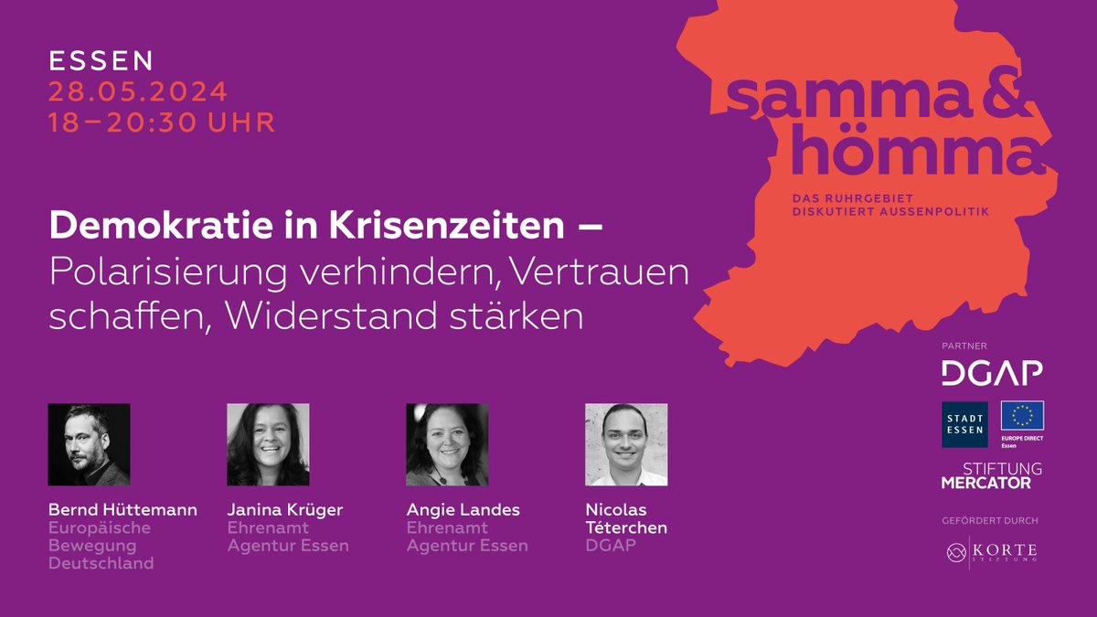 🗓️ Veranstaltungstipp: Demokratie in Krisenzeiten – Polarisierung verhindern, Vertrauen schaffen, Widerstand stärken mit @huettemann, Janina Krüger, Angie Landes (@ehrenamtessen), und @NTeterchen. 📅 28. Mai 2024, 18:00-20:30 📍 @MercatorDE 👉 Anmeldung: buff.ly/3RcQcDt