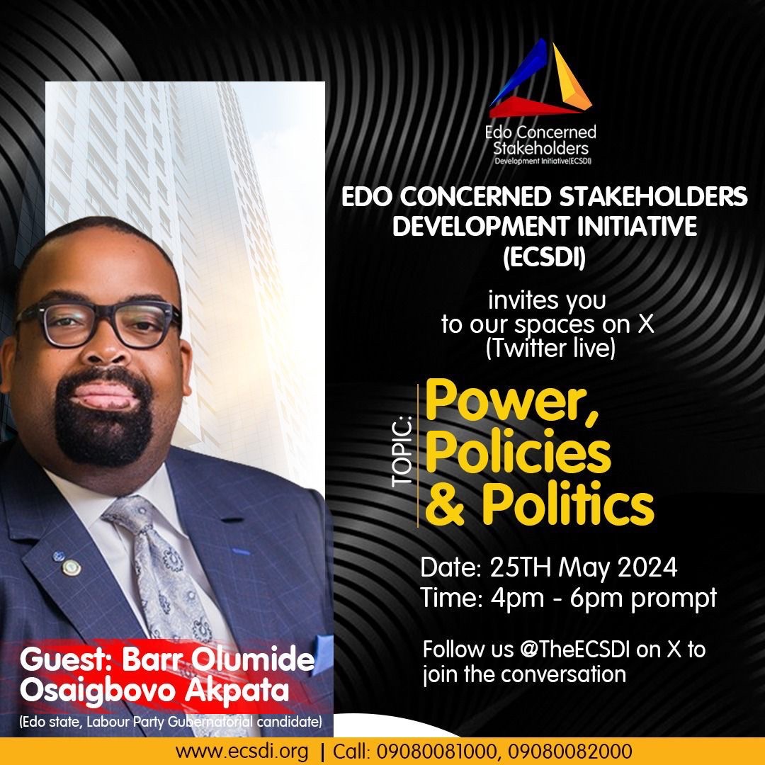Good day everyone, Barr Olumide Akpata, the LP Governoship candidate will be a guest on our Twitter handle on Saturday the 25th of May 2024 at 4pm.

Please share widely and be sure to follow all our social media handles.