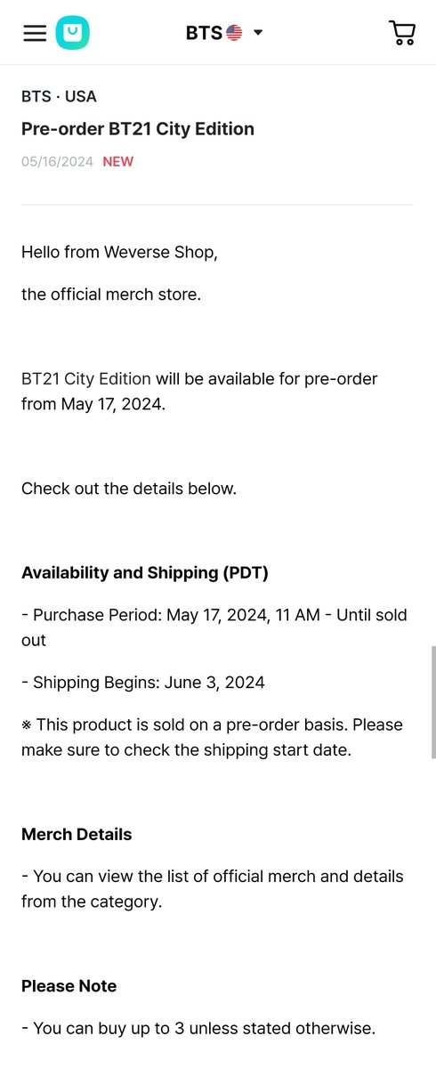 Weverse Shop USA
Pre-order BT21 City Edition May 17 at 11am KST

Shipping June 3-17
Limit 3 unless stated otherwise