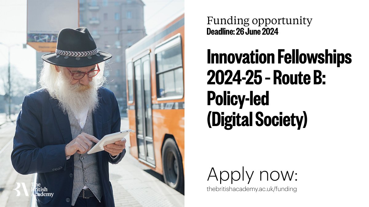 We invite early and mid-career researchers to apply for Innovation Fellowships – Route B: Policy-led (Digital Society). The scheme offers up to £120,000 for projects around the AI skills in the UK. Application deadline is 26 June. Apply now: thebritishacademy.ac.uk/funding/innova…