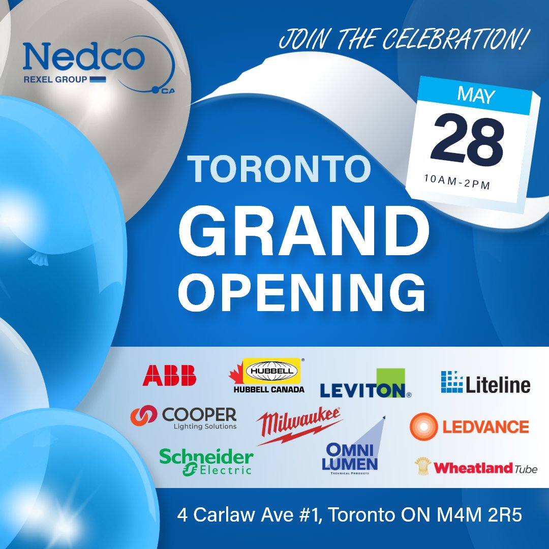 🎉 Join us in celebrating the Grand Opening of Nedco Toronto on Tuesday, May 28 from 10 AM - 2 PM at 4 Carlaw Ave, Unit 1, Toronto ON M4M 2R5! 🎉

Save the date and come celebrate with us! See you there! #NedcoOntario #NedcoToronto #GrandOpening #ElectricalSupplies