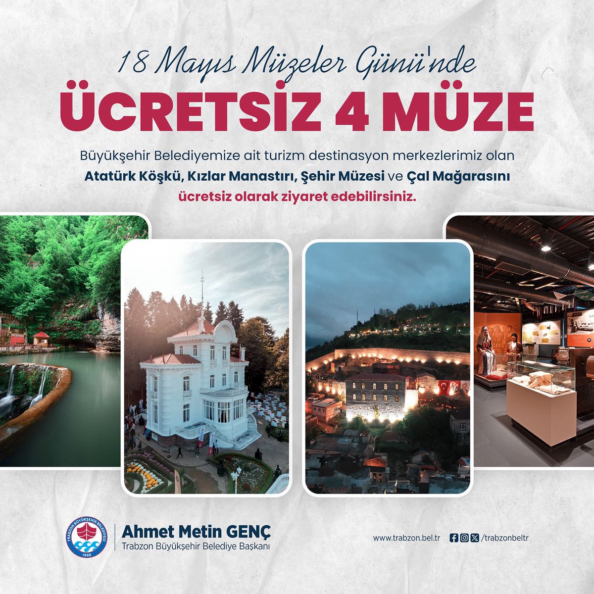 18 Mayıs Müzeler Günü'nde, Büyükşehir Belediyemize ait destinasyon merkezlerimiz olan Atatürk Köşkü, Kızlar Manastırı, Şehir Müzesi ve Çal Mağarasını ücretsiz olarak ziyaret edebilirsiniz.
