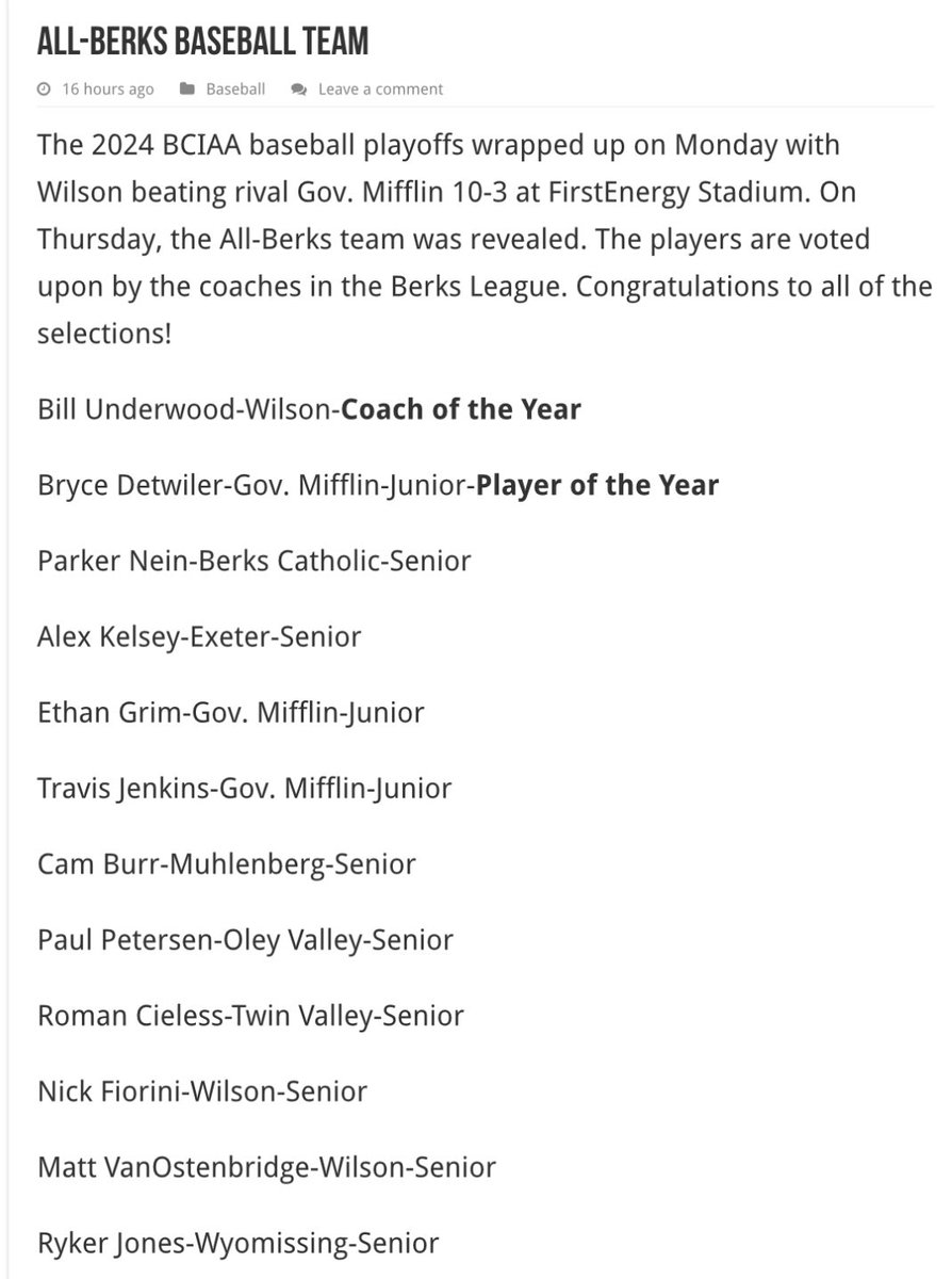 Blessed to be selected to the All-Berks County Team! <a href="/BCSaintBaseball/">Berks Catholic Baseball</a>