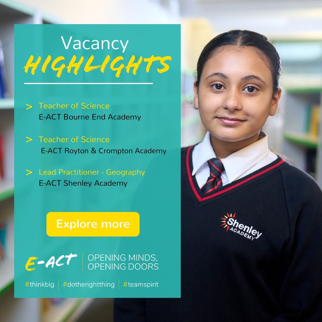 📣E-ACT Vacancy Highlights📣 Don't miss out on these incredible opportunities across our trust, take a look TODAY and become apart of something special! 1️⃣ buff.ly/3WNmF6U 2️⃣ buff.ly/3QPJWkH 3️⃣ buff.ly/4apJ1yp Explore More ➡ buff.ly/3I1dXZS