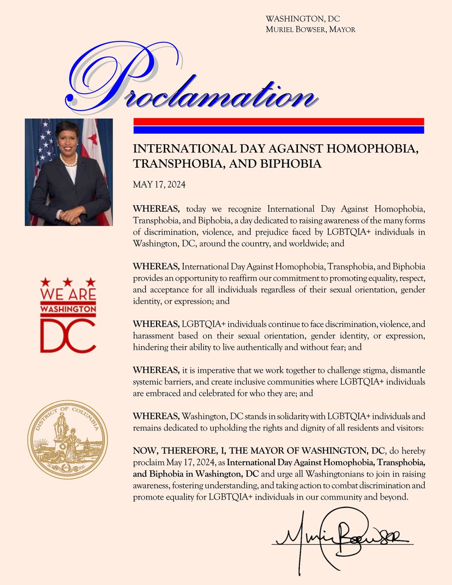 Today, on the International Day Against Homophobia, Transphobia, and Biphobia, we stand in solidarity with our LGBTQIA+ community and we reaffirm our commitment to promoting equality, respect, and acceptance - here in Washington, DC and beyond. 🏳️‍⚧️🏳️‍🌈