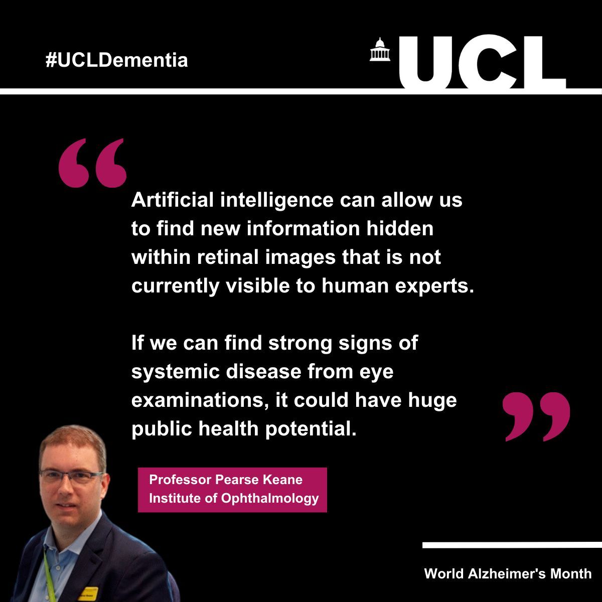 Prof @pearsekeane @UCLeye explains how using #ArtificialIntelligence to investigate the eye's retinal tissue can help diagnose #dementia. Read the interview ➡️ bit.ly/44LahpH #DementiaActionWeek #DAW2024 #UCLDementia #AI #oculomics #AlzEye