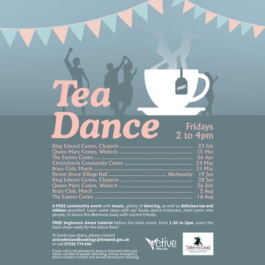 FREE Tea dances in Christchurch & March with #TaketheLeadDance this May! #Christchurch Fri, 24th May at #ChristchurchCommunityCentre #March Fri, 31st May at #MarchBrazaClub Timings: Beginners dance tutorial - 1.30-2pm Main Tea Dance event 2-4pm 📌 fenland.gov.uk/activefenlandb…