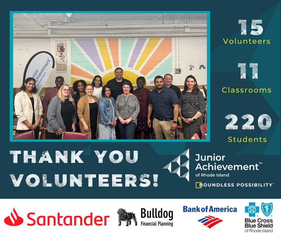 We are so excited to be at Dutemple Elementary School @CranstonSchools for a JA in a Day! Our amazing volunteers from @SantanderBankUS, @bankofamerica, @bulldogfinp, and @bcbsri set young people on a path to financial and career success. Thank you to everyone for joining us! ⁠