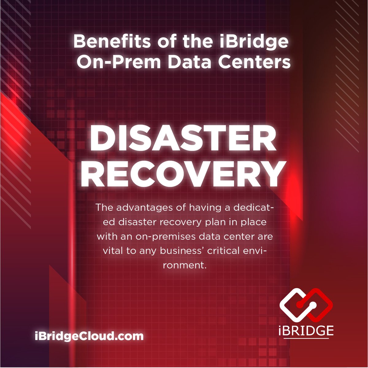 Disaster can strike anytime, but you can't let it jeopardize your data! Our disaster recovery solutions ensure that your business bounces back swiftly and securely from any unforeseen event. Contact us today and get peace of mind. iBridgeCloud.com