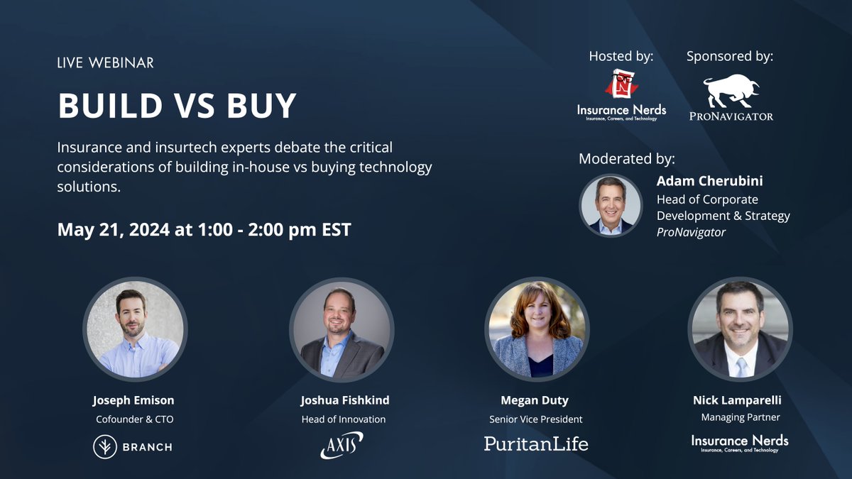 Don't miss out! Join us next week on May 21 for <a href="/InsNerds/">Insurance Nerds</a> webinar, where a panel of industry professionals will debate on the hot topic of optimal considerations for build vs buy.

Register for the complimentary webinar now: hubs.ly/Q02xnWCf0

#insurance #insurtech