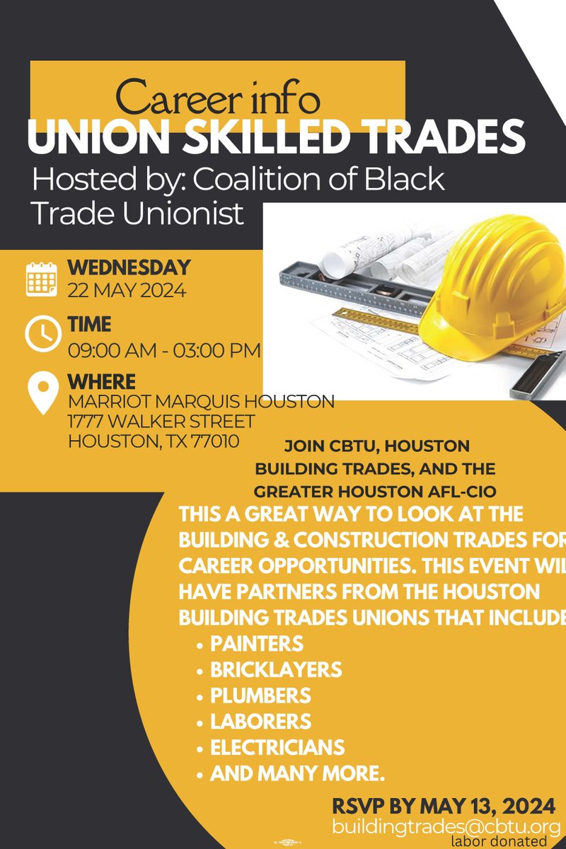 Interested in a career in the building trades? If you're in the Houston area, register for the Union Skilled Trades Career Fair! 🔩💪👷‍♀️👷‍♂️
-
-
-
#craftyourpath #infrastructuregeneration #tradescareers #buildingtrades #houston #texas #unionstrong #tradesunions #construction