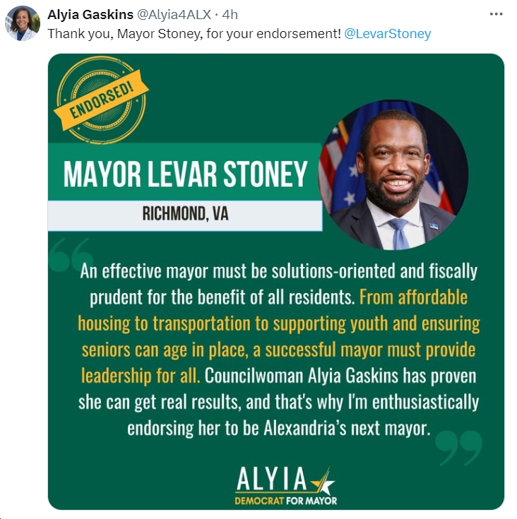 Interesting - Richmond Mayor Levar Stoney endorses Alexandria mayoral candidate @Alyia4ALX (who's also been endorsed by Alexandria Mayor @justindotnet) bluevirginia.us/2024/05/friday…
