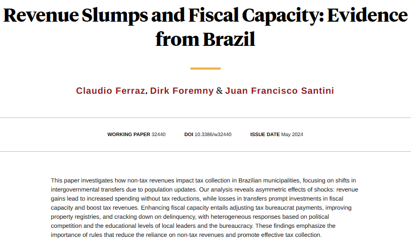 How nontax revenues impact tax collection in Brazilian municipalities, with a focus on shifts in intergovernmental transfers due to population updates, from @claudferraz, Dirk Foremny, and Juan Francisco Santini nber.org/papers/w32440