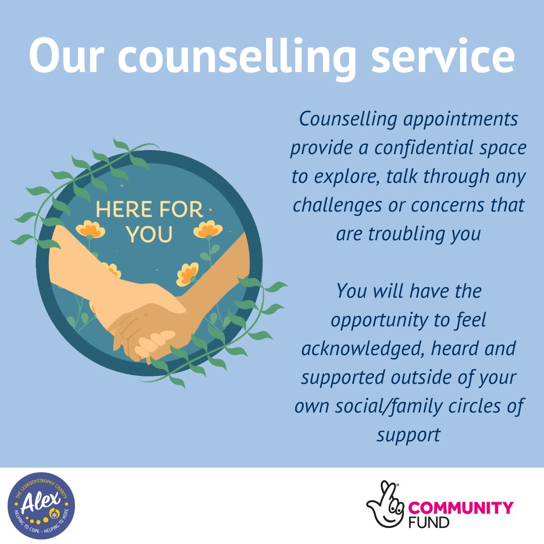 Our BACP-registered counsellor provides free counselling sessions for our adult community members 💙 Info: alextlc.org/how-we-support… Questions? Email info@alextlc.org Thank you to @TNLComFund for making this service possible 🙏 #alextlc #helptocope #helptohope #leukodystrophy