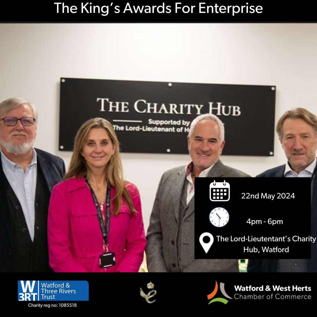 🎉 1 Week Until The King's Awards for Enterprise event! You are invited to join us on 22nd May 4pm at The Lord Lieutenant's Charity Hub in Watford to hear directly from The Lord Lieutenant of Hertfordshire and Deputy Lieutenants. 👉 tinyurl.com/y5w6tkpz