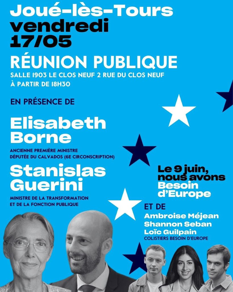 Rendez-vous ce soir à Joué-lès-Tours avec @Elisabeth_Borne @StanGuerini @Ambroise_Mejean @ShannonSeban @Loic_Guilpain 🇪🇺