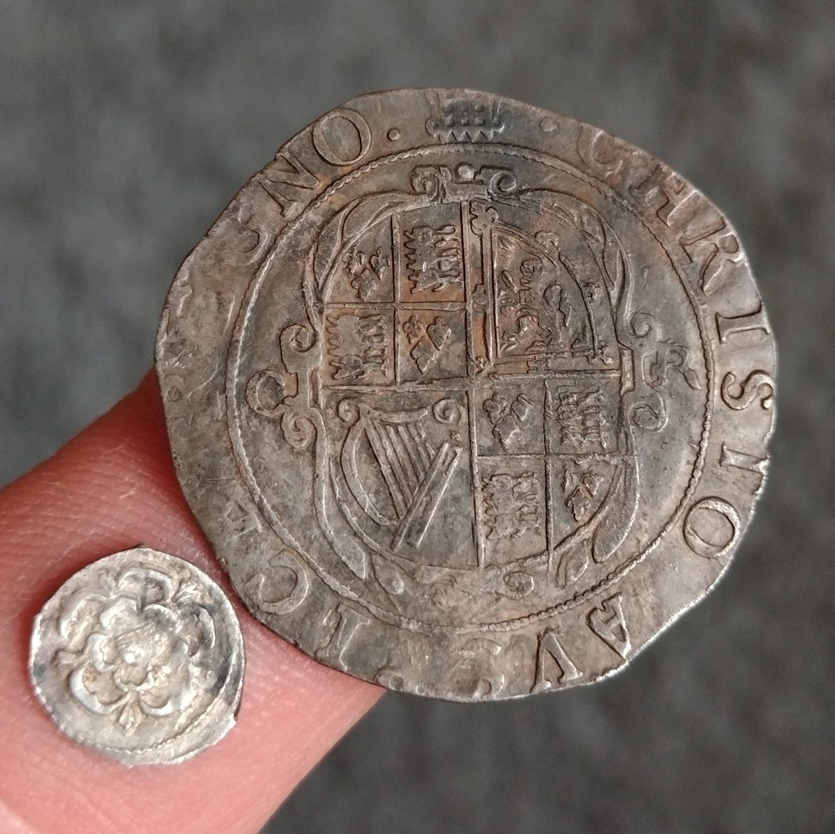 Biggest and smallest coins of Charles I I've found.
Shilling
Portcullis mint mark
5.88 gms
1633-34

Halfpenny
0.29 gms
1625-49