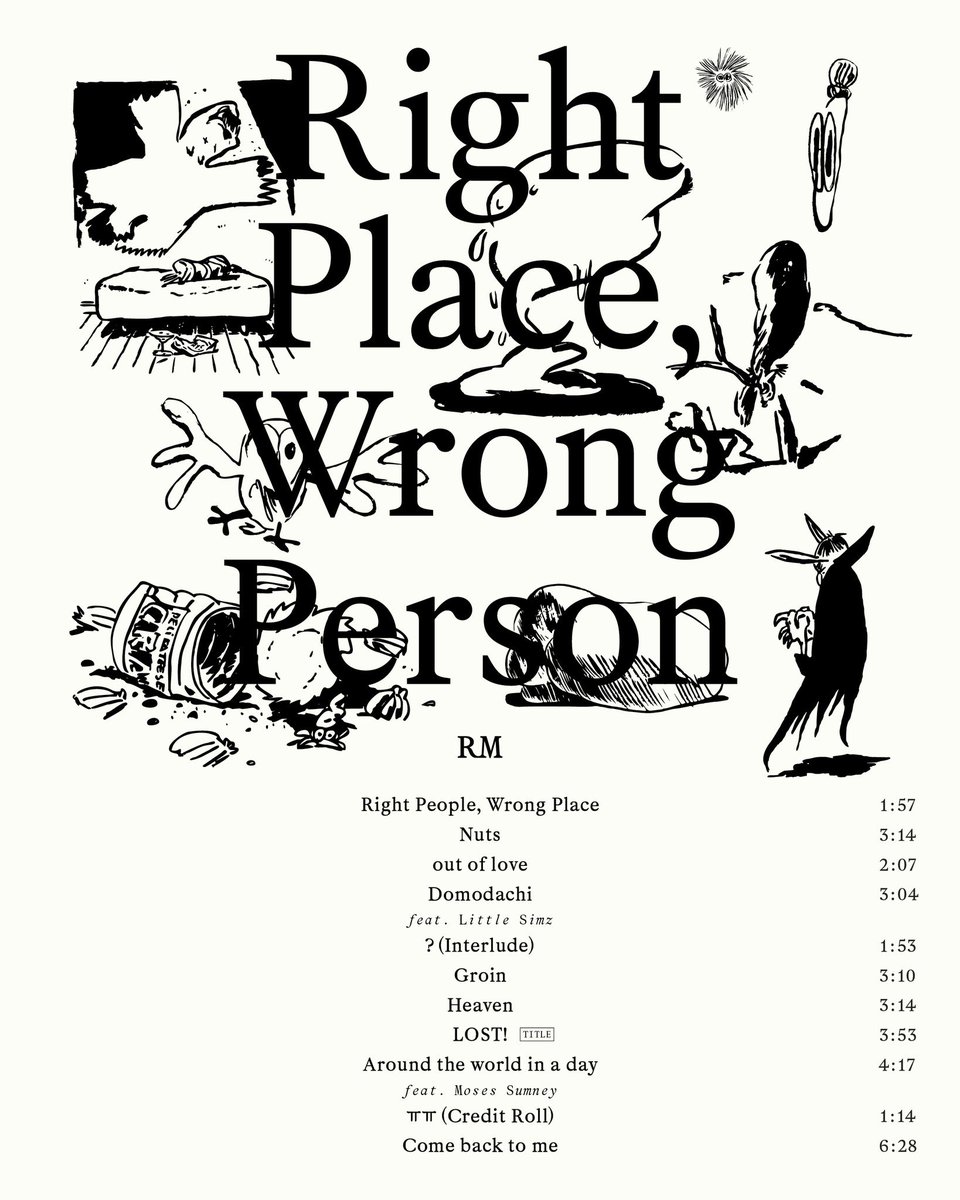 Tracklist for RM of BTS’ upcoming solo album ‘Right Place, Wrong Person’, out May 24th.