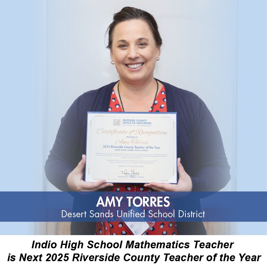 Congratulations to @DesertSandsUSD mathematics teacher @IHSRajahs, Amy Torres! Ms. Torres was surprised by @RivCoSchoolSupt in her classroom today, with the news that she IS a #RivCo 2025 Teacher of the Year! 👏🎉 NEWSROOM: go.rcoe.us/TOY2025-AmyTor…