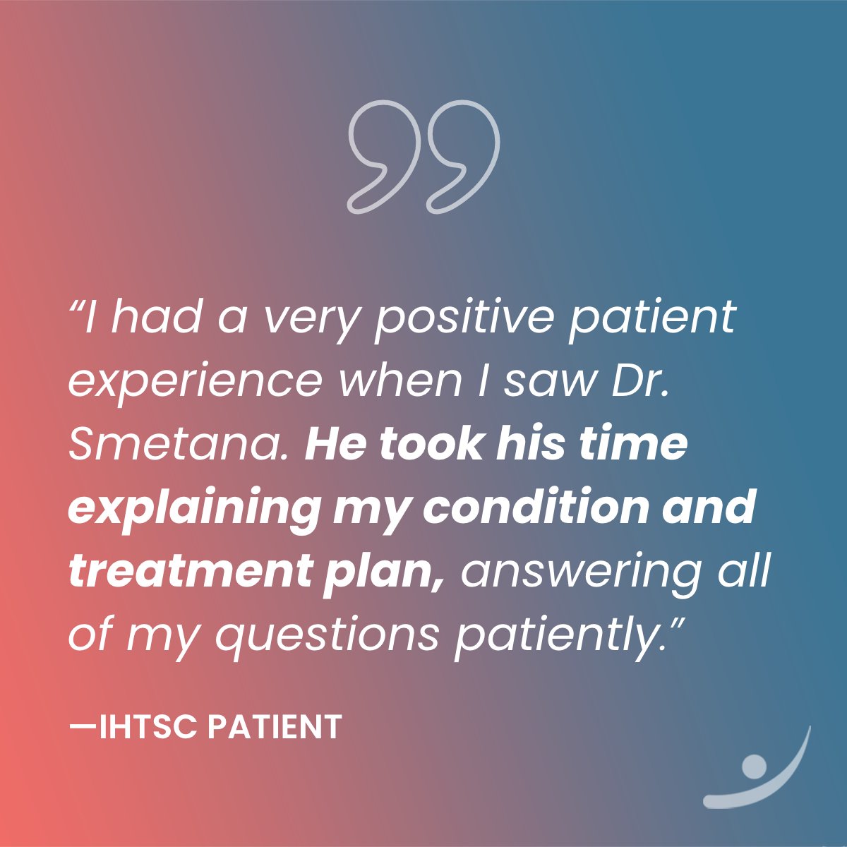 Thank you! We love hearing from patients about their experiences with our staff and doctors. Request an appointment with IHTSC → hubs.li/Q02xyB7R0