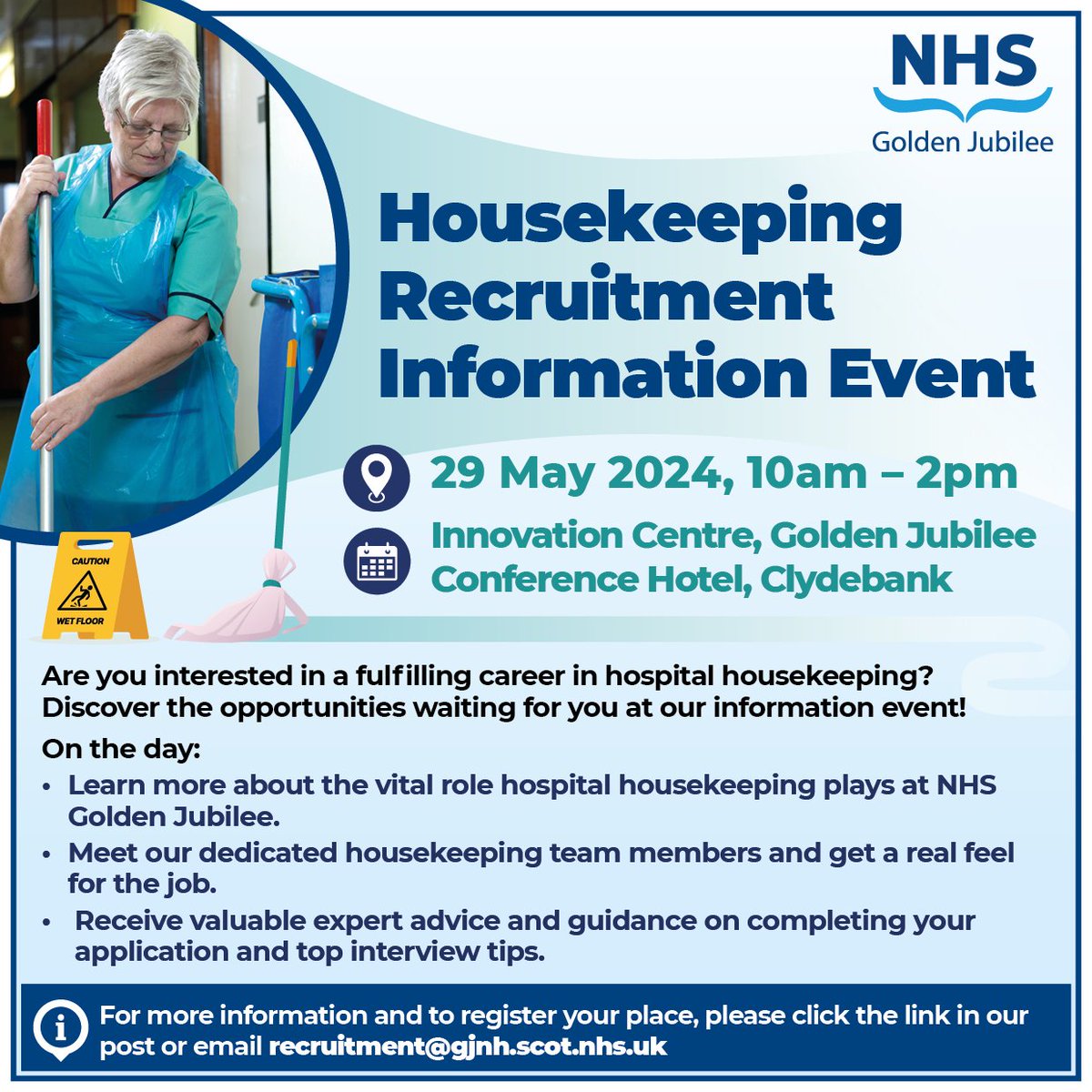 Calling all those interested in housekeeping roles📣 We are hosting a Housekeeping Recruitment Event on Wednesday 29 May, from 10am - 2pm at the Golden Jubilee Conference Hotel To register, please visit apply.jobs.scot.nhs.uk/Job/JobDetail?…