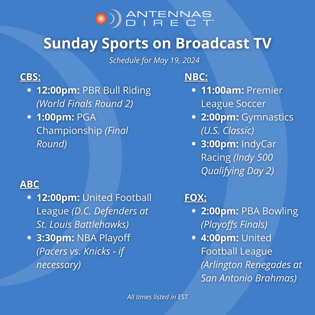 Antennasdirect's tweet image. Your weekend sports watch guides are here for 5/18-5/19! Watch all these games and more, including @MLB's Baseball Night in America, live and for FREE with your TV antenna!

#sports #weekendsports #freeTV #freesports