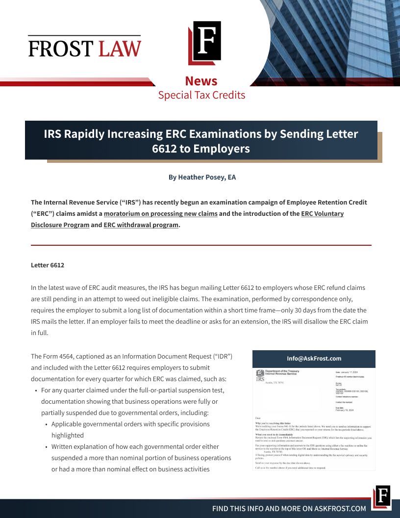 IRSTaxIssues's tweet image. Have your #ERC documentation ready! 

The #IRS has been issuing #Letter6612 to some businesses with pending ERC refund claims. Once received, employers have only 30 days to respond. Read more here: bit.ly/3V4EeNl 

#EmployeeRetentionCredit #ERCAudit #Form4564