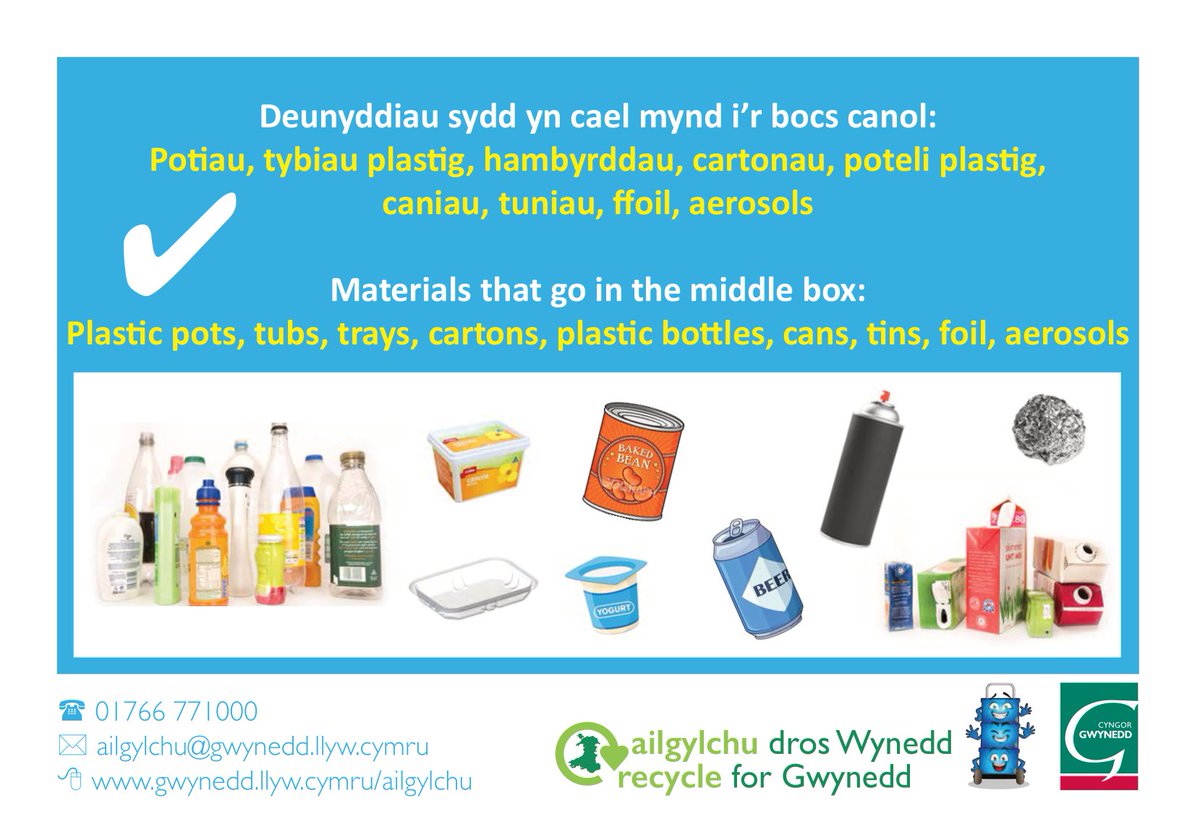 Ydych chi wedi gwirio eich bod yn rhoi'r eitemau cywir yn eich bocs ailgylchu? Cymrwch olwg i weld beth sy'n cael mynd i'r bocs ailgylchu a beth ddylech wneud gyda'r deunyddiau sydd ddim i fod yn y bocs!