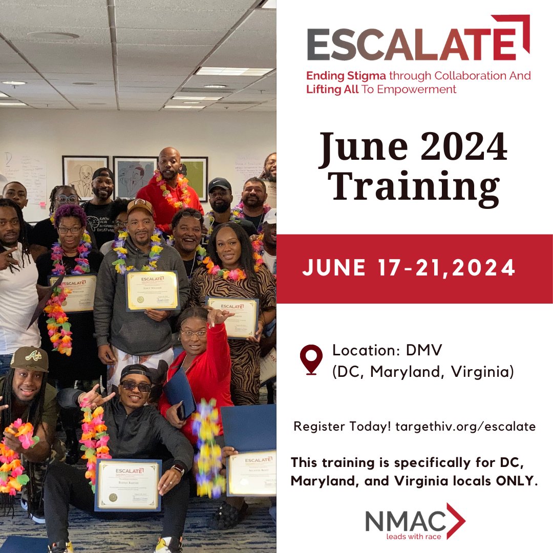 🌟 Join @NMACcommunity's ESCALATE Training program in the DMV June 17- 21, 2024!  💼  Combat HIV stigma and discrimination through cultural humility. Engage in tough conversations and tackle unconscious bias. 👊 Open to DMV locals.

🔗 Register now at targethiv.org/escalate!