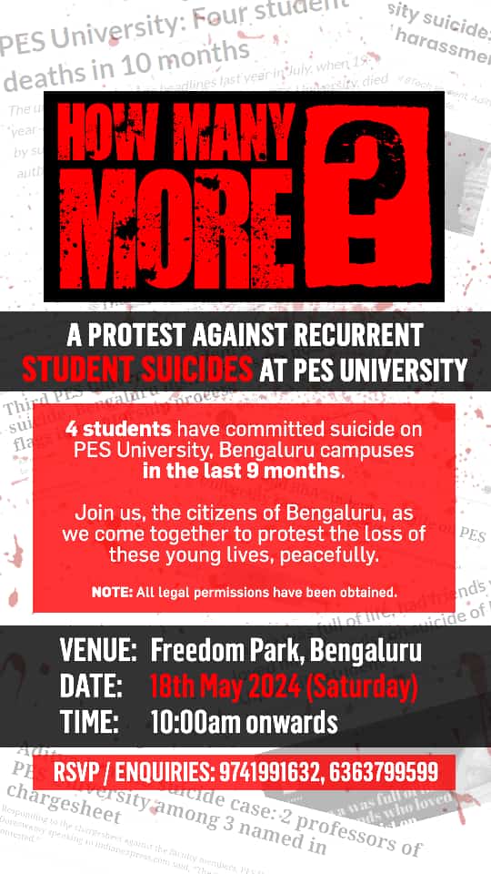 sachin_pandith's tweet photo. #SayNotoPES
#SaveOurStudents

As you all know, 4 student suicides have taken place at PES University campuses in Bengaluru in the past 9 months.

Aditya Prabhu, Surya Achar, Vignesh K and most recently, Rahul Carasala, all ended their own lives on PES University campuses. https://t.co/uW7NANqeoj