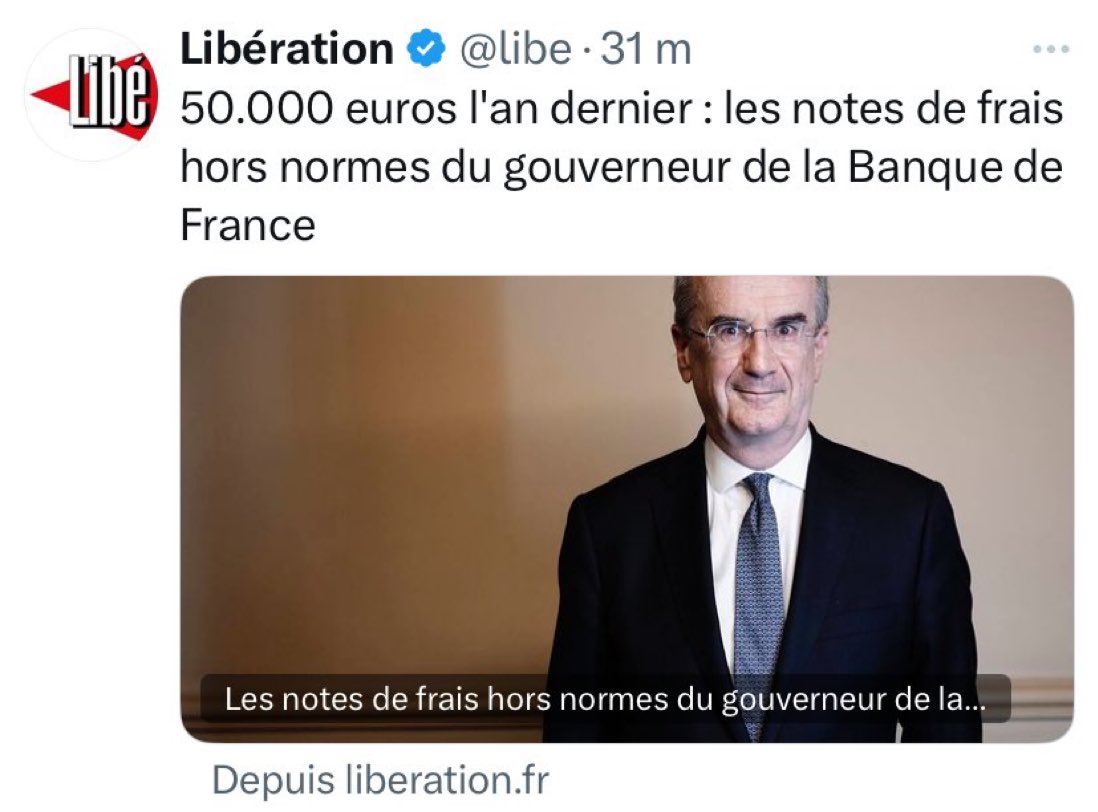 Le gouverneur de la banque de France gagne déjà plus de 25 000 balles par mois mais il trouve le moyen de faire des notes de frais indécentes. Les vrais voleurs sont en costard. #GiletsJaunes #MacronLeFléau