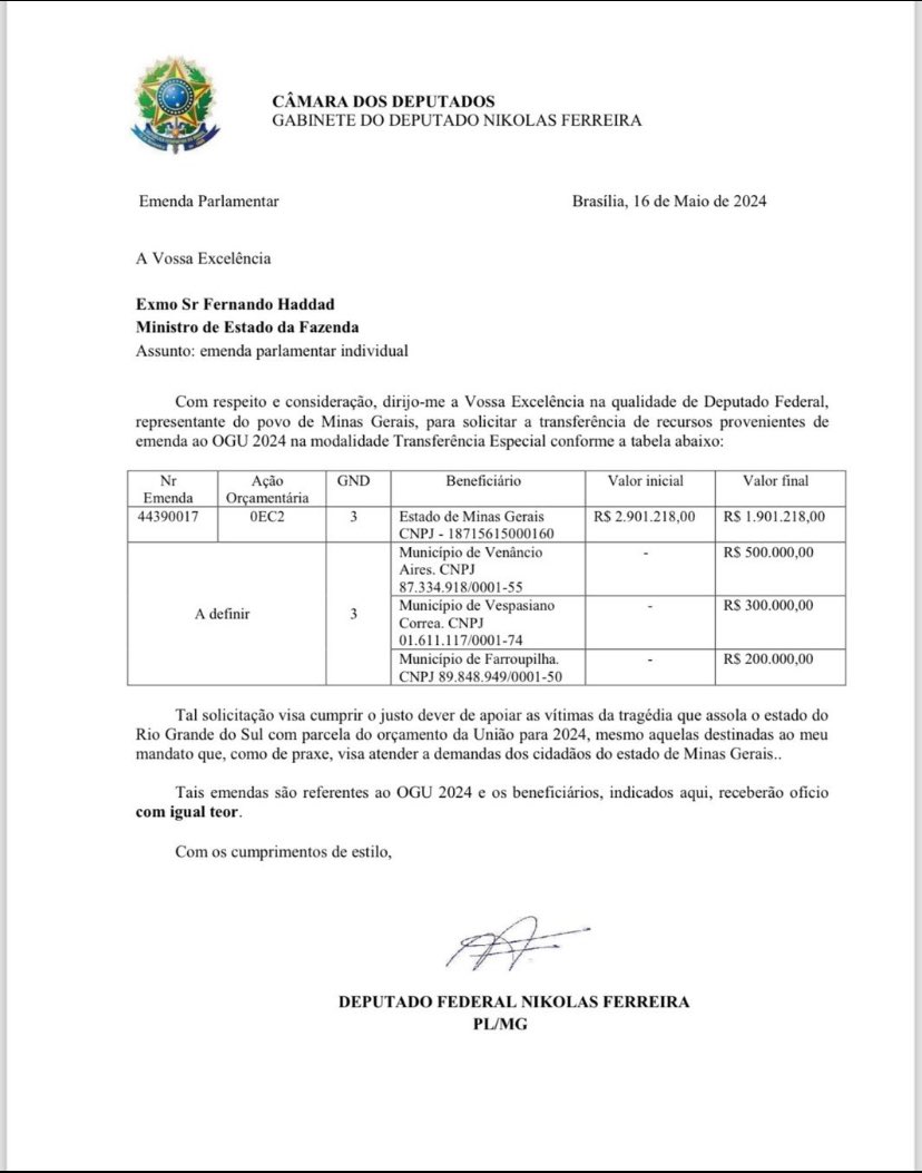 QUE OUTROS DEPUTADOS SIGAM O NOBRE EXEMPLO DO DEPUTADO NIKOLAS FERREIRA @nikolas_dm QUE REDIRECIONOU UM MILHÃO DE REAIS DE SUAS EMENDAS PARA TRÊS MUNICÍPIOS QUE FORAM AFETADOS PELAS ENCHENTES NO RIO GRANDE DO SUL! DEPUTADO NIKOLAS, VOCÊ ME REPRESENTA! APLAUSOS! 🇧🇷🇧🇷👏👏