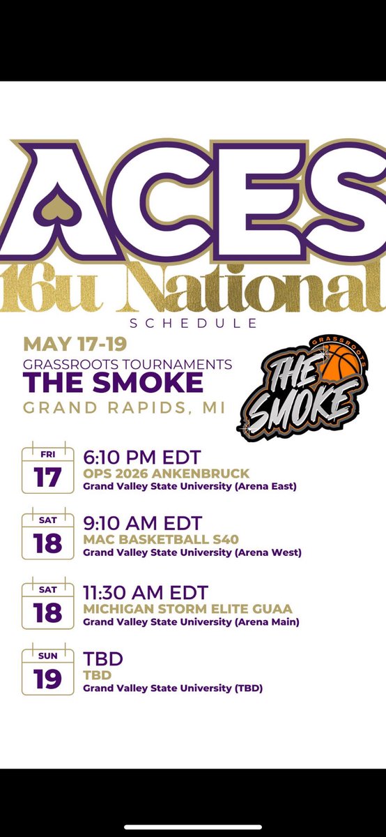 My schedule for this weekend at The Smoke! Come check out me and my teammates! 🏀💜
@PurpleAcesWI